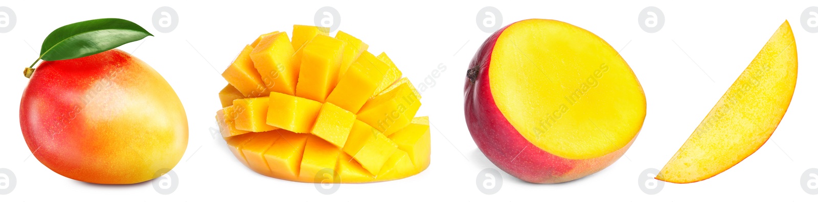 Image of Mango fruits cut in different ways and one whole isolated on white