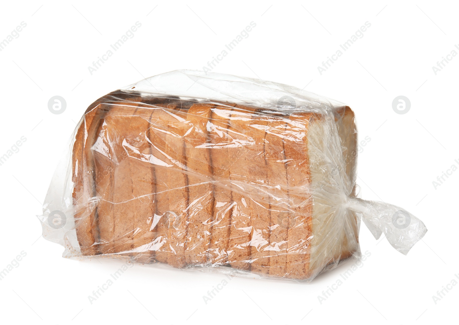 Photo of Sliced bread in plastic bag on white background