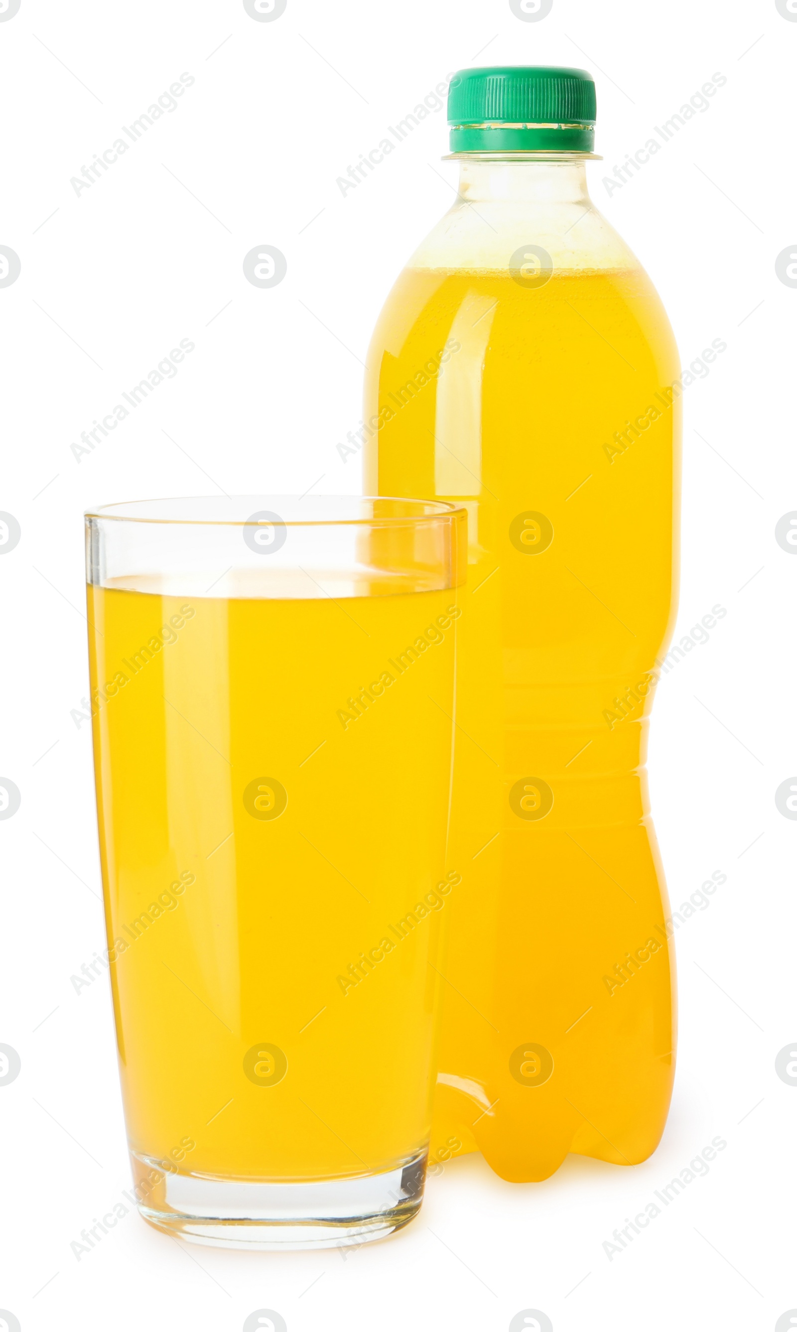 Photo of Delicious orange soda water on white background