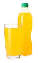 Photo of Delicious orange soda water on white background