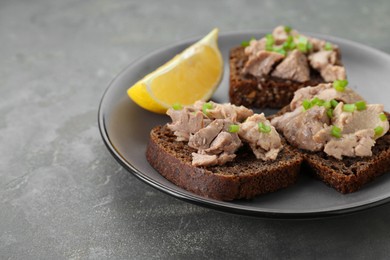 Photo of Tasty sandwiches with cod liver, lemon and green onion on light grey table