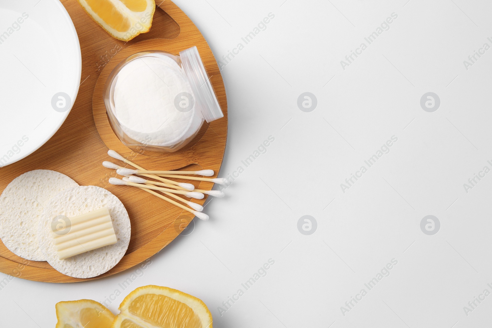 Photo of Lemon face wash. Fresh citrus fruits and personal care products on white background, flat lay with space for text