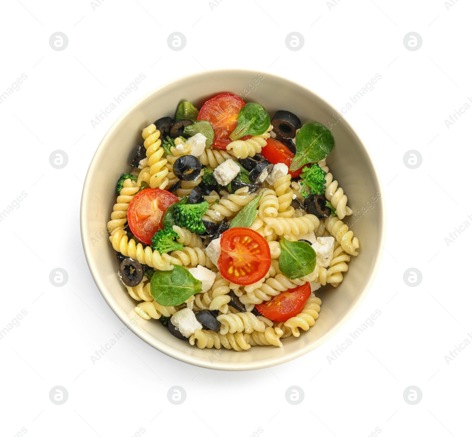 Photo of Tasty pasta salad with fresh vegetables and cheese on white background