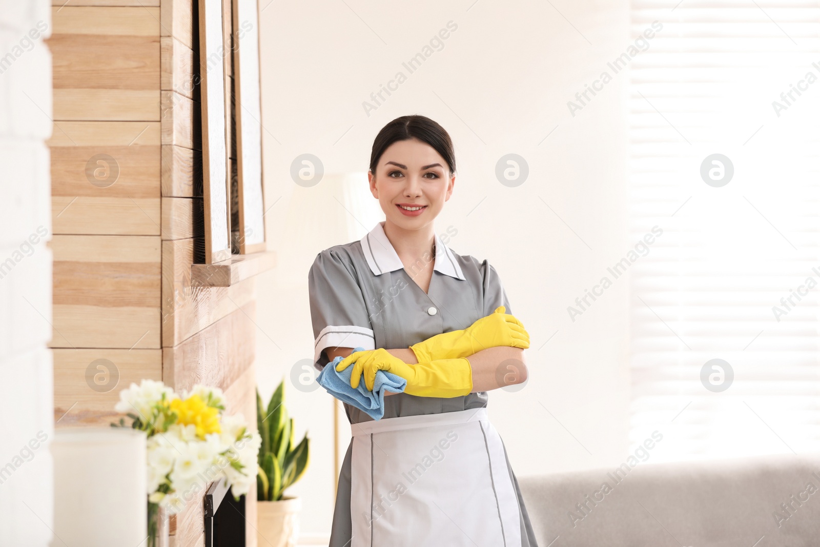 Photo of Young chambermaid with rag in hotel room