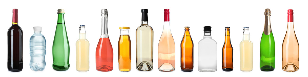 Set of bottles with different drinks on white background. Banner design