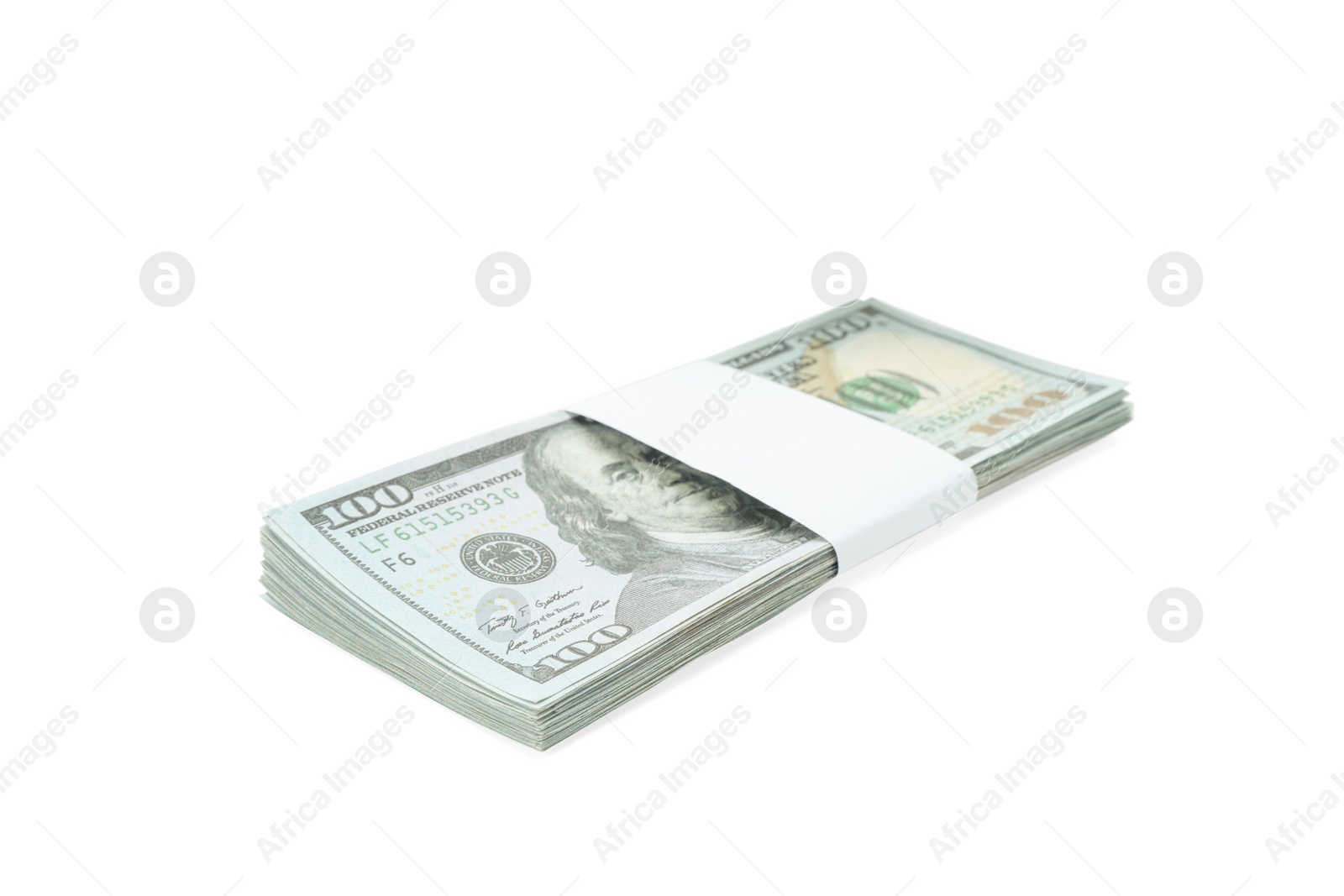 Photo of Bundle of dollar banknotes isolated on white. American national currency