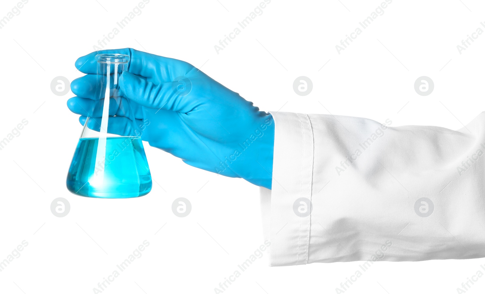 Photo of Scientist holding glass flask with liquid on white background. Chemical research