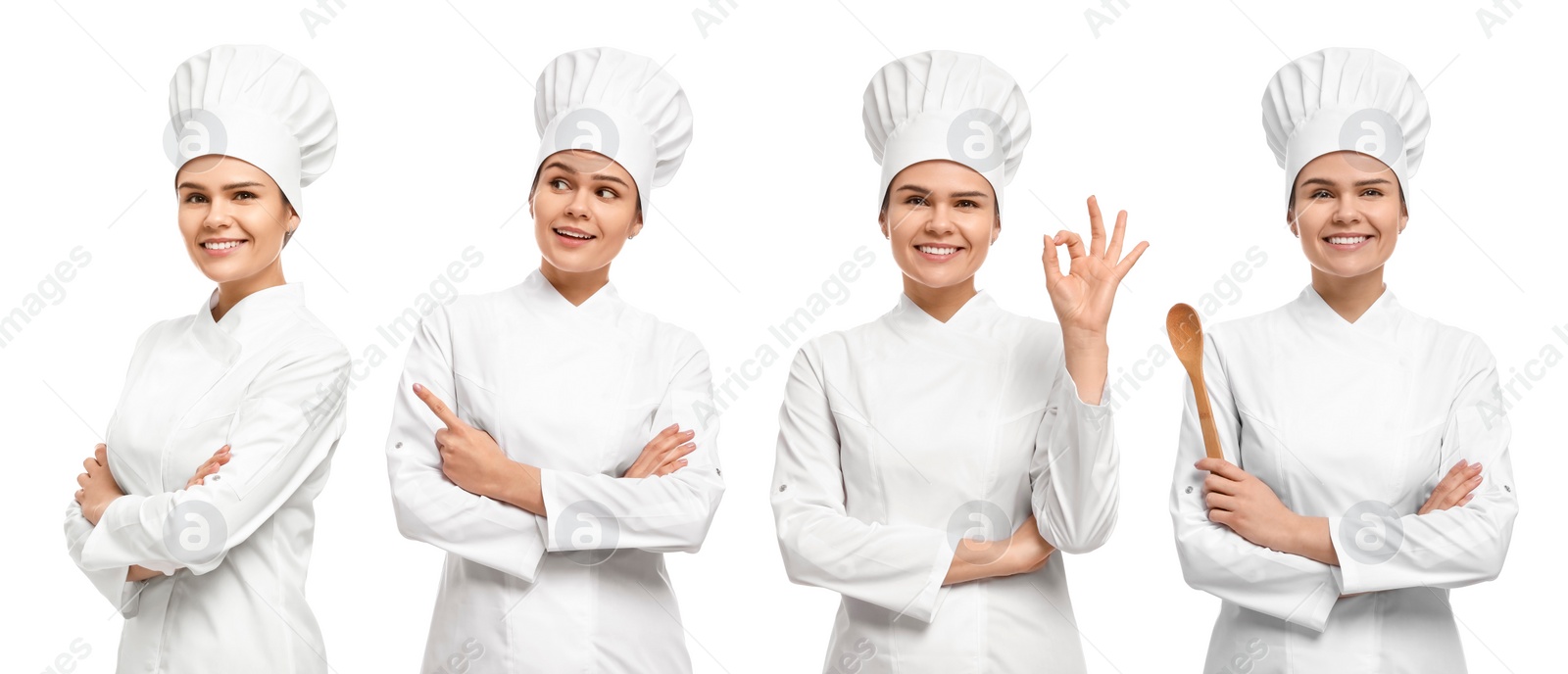 Image of Chef in uniform on white background, set with photos