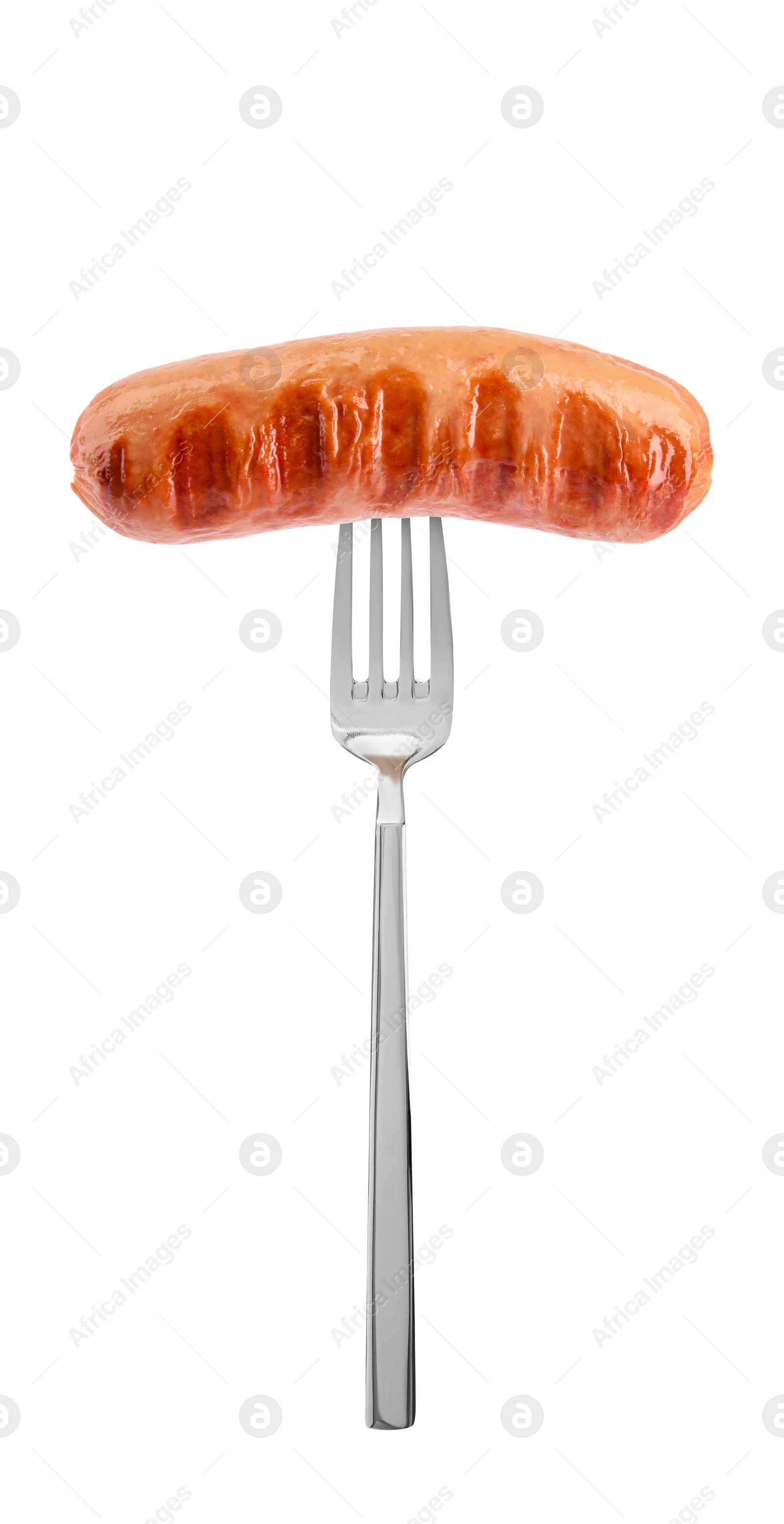 Image of Fork with grilled sausage isolated on white