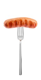 Image of Fork with grilled sausage isolated on white