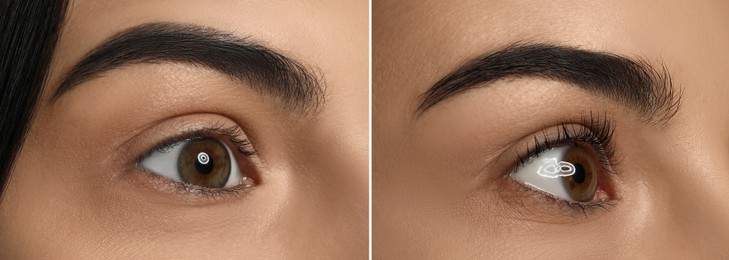 Image of Collage with photos of woman before and after eyelash lamination procedure, closeup. Banner design