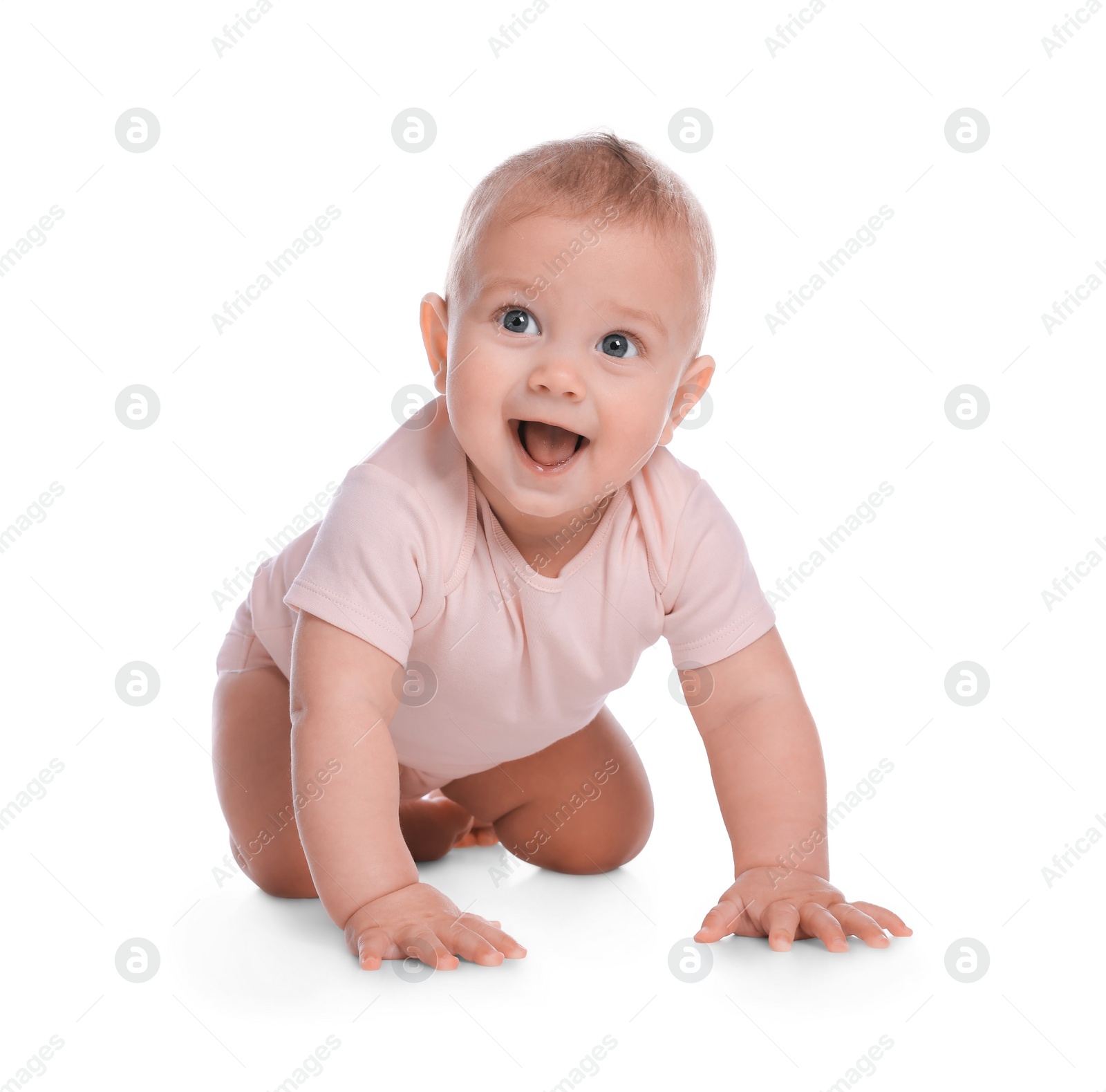 Photo of Cute little baby girl crawling on white background