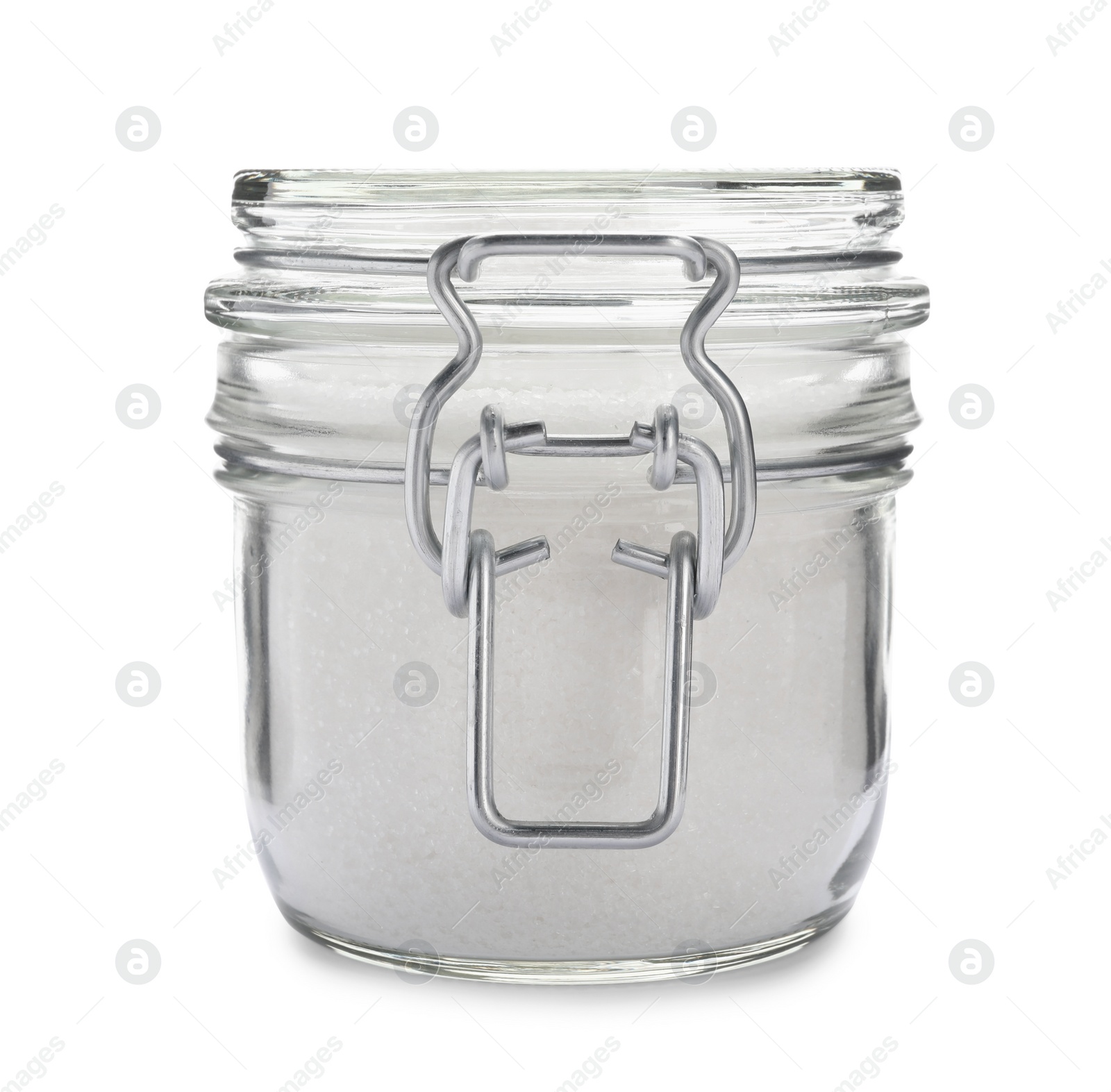 Photo of Granulated sugar in glass jar isolated on white