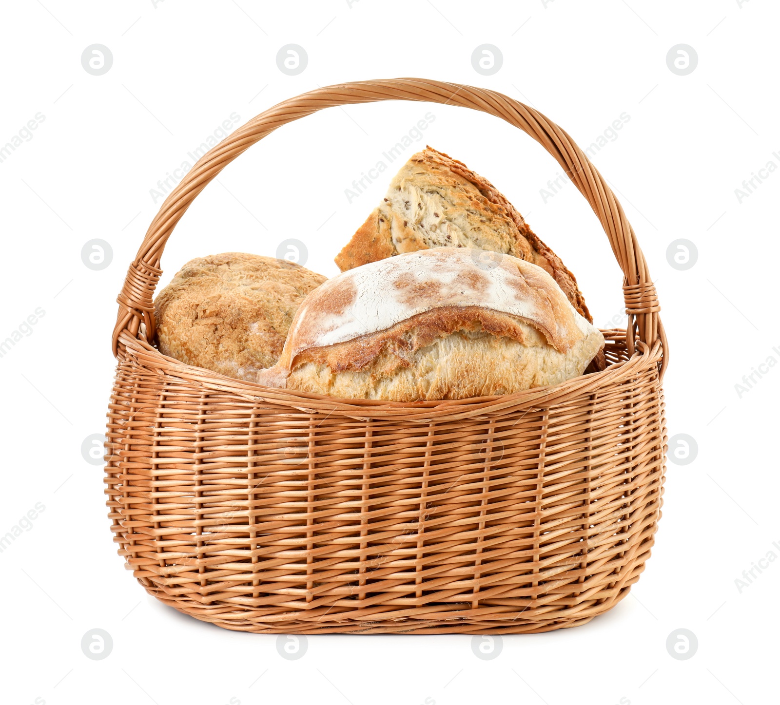Photo of Wicker basket with different types of fresh bread isolated on white