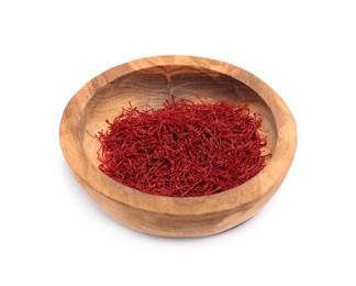 Aromatic saffron in bowl isolated on white