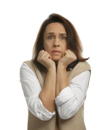 Photo of Mature woman feeling fear on white background