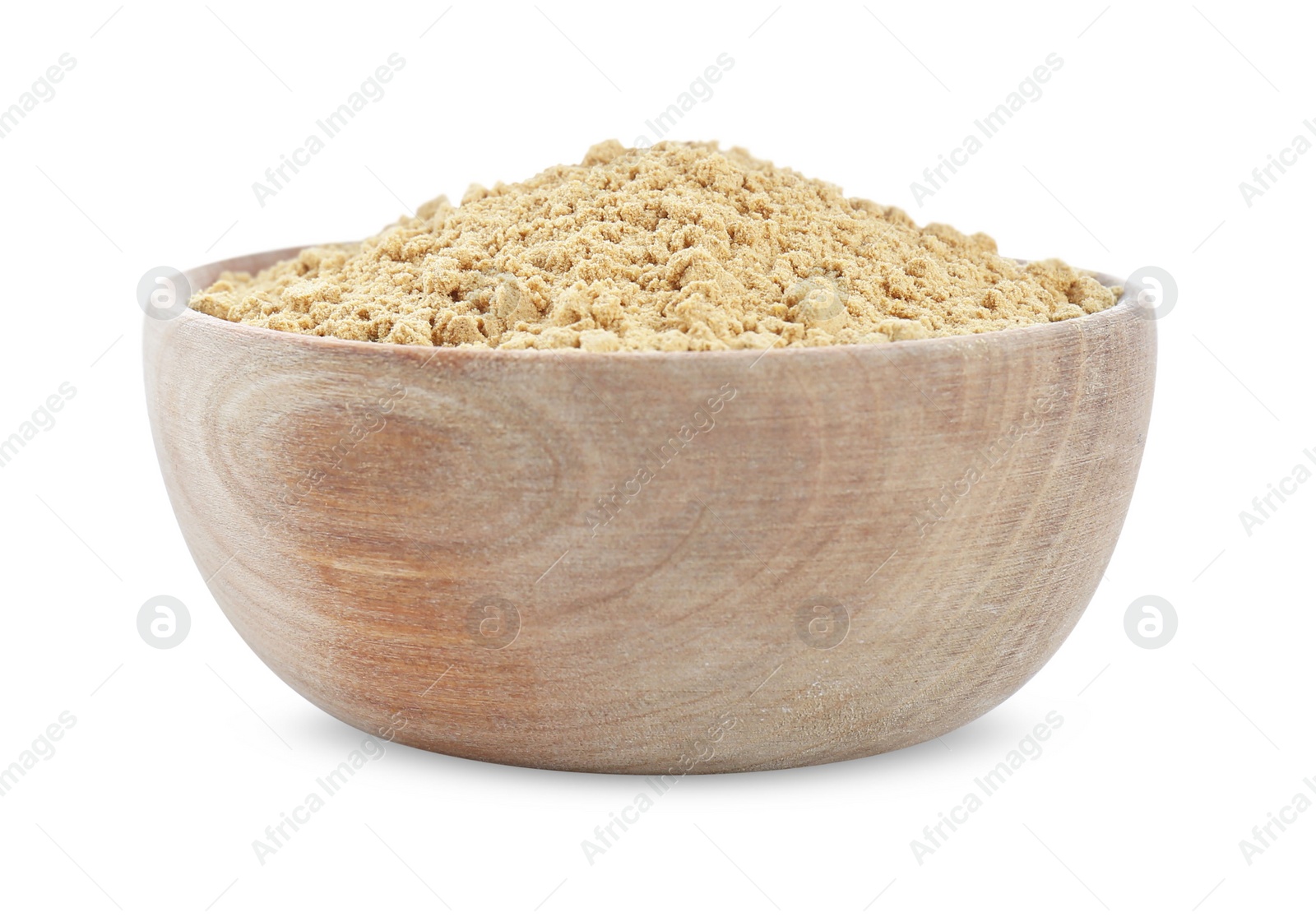 Photo of Aromatic mustard powder in wooden bowl on white background