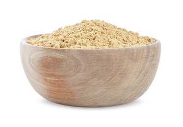 Photo of Aromatic mustard powder in wooden bowl on white background