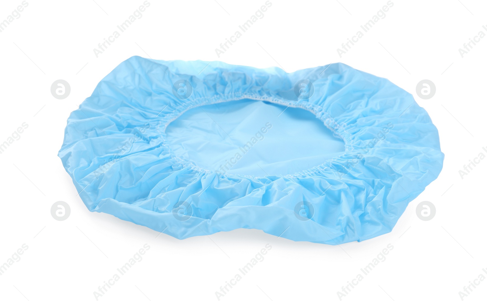 Photo of Light blue waterproof shower cap isolated on white