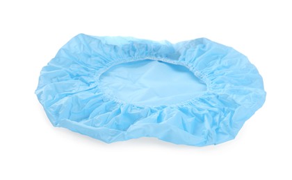 Photo of Light blue waterproof shower cap isolated on white