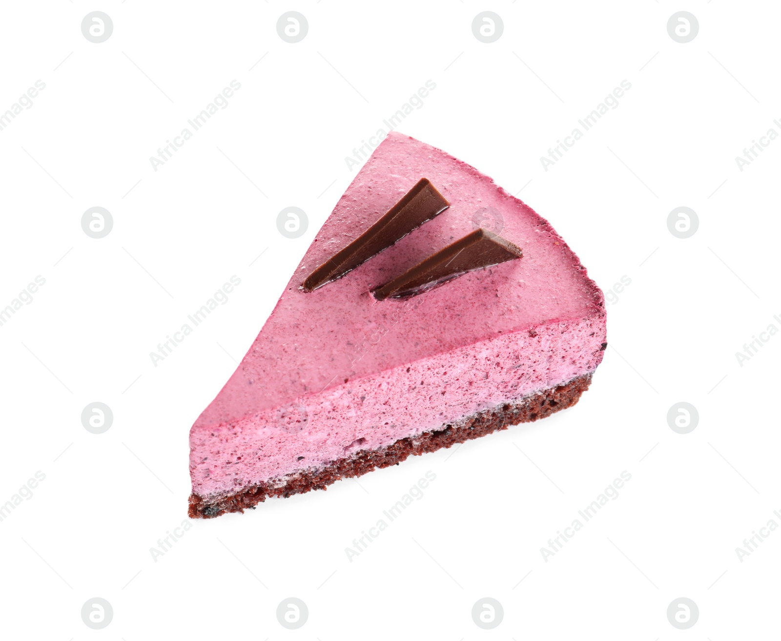 Photo of Piece of tasty blueberry cake on white background