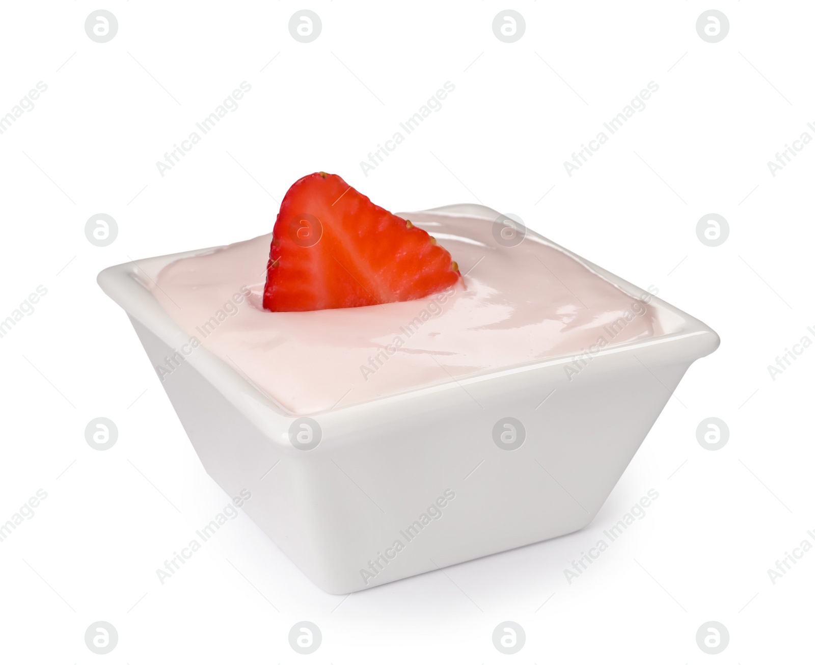 Photo of Bowl of delicious yogurt with strawberry isolated on white