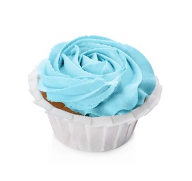 Photo of Baby shower cupcake with light blue cream isolated on white