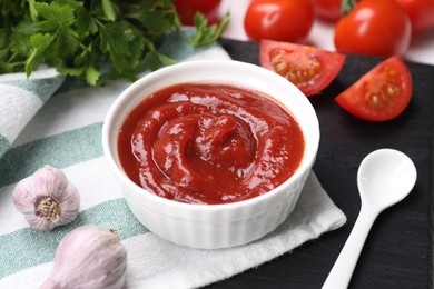 Photo of Organic ketchup in bowl, fresh tomatoes and garlic on table, closeup. Tomato sauce