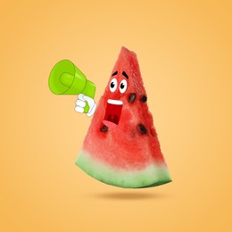 Image of Creative artwork. Watermelon shouting in loudspeaker. Slice of fruit with drawings on light orange background