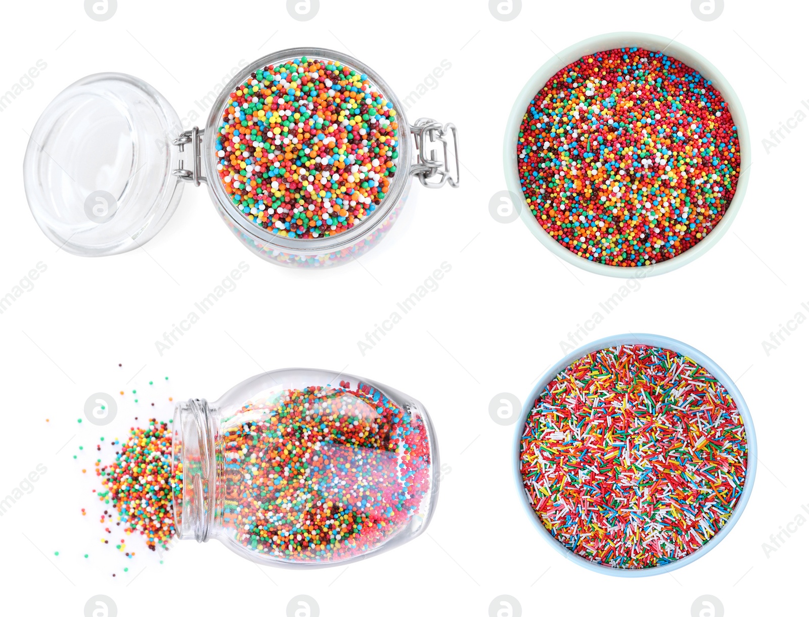 Image of Set with colorful sprinkles on white background, top view. Confectionery decor