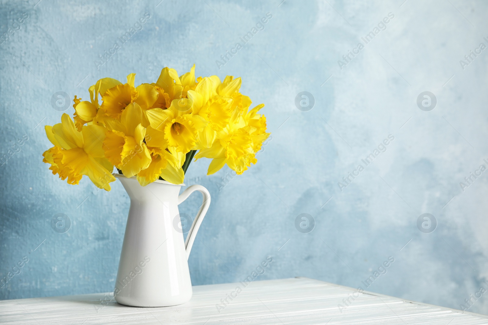 Photo of Bouquet of daffodils in jug on table against color background, space for text. Fresh spring flowers