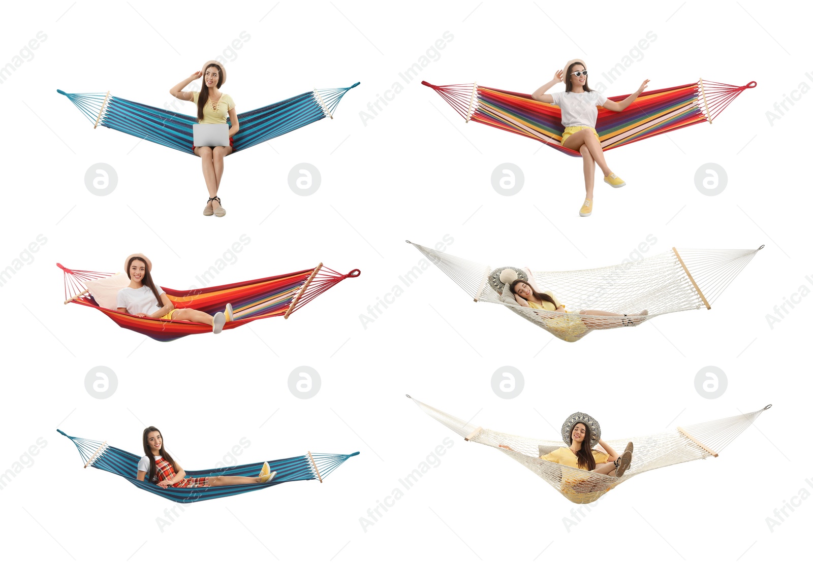 Image of Collage with woman resting in different hammocks on white background