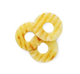 Photo of Tasty grilled pineapple slices isolated on white, top view