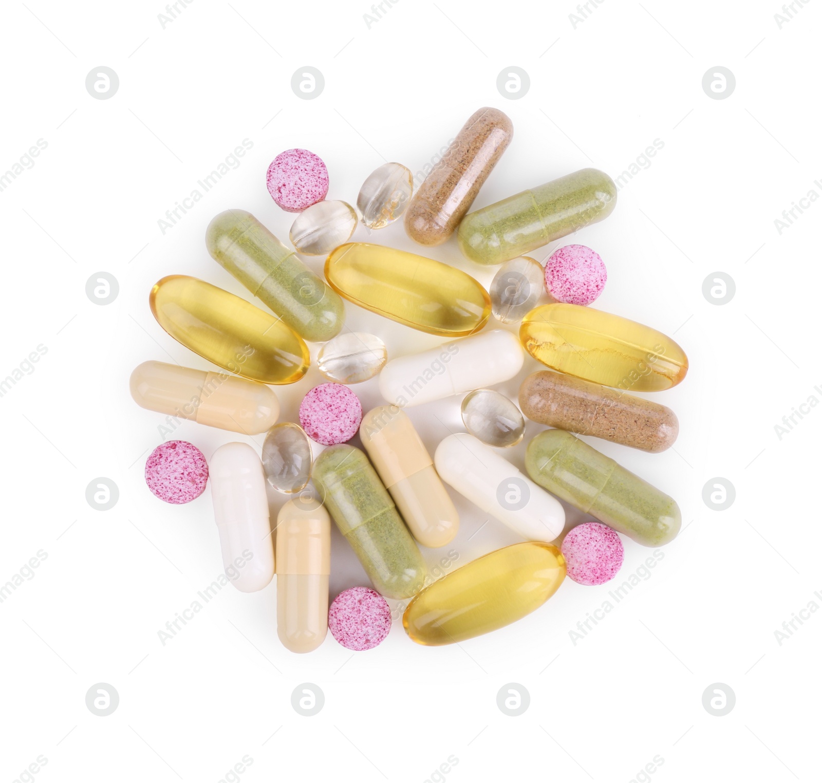 Photo of Many different vitamin pills isolated on white, top view