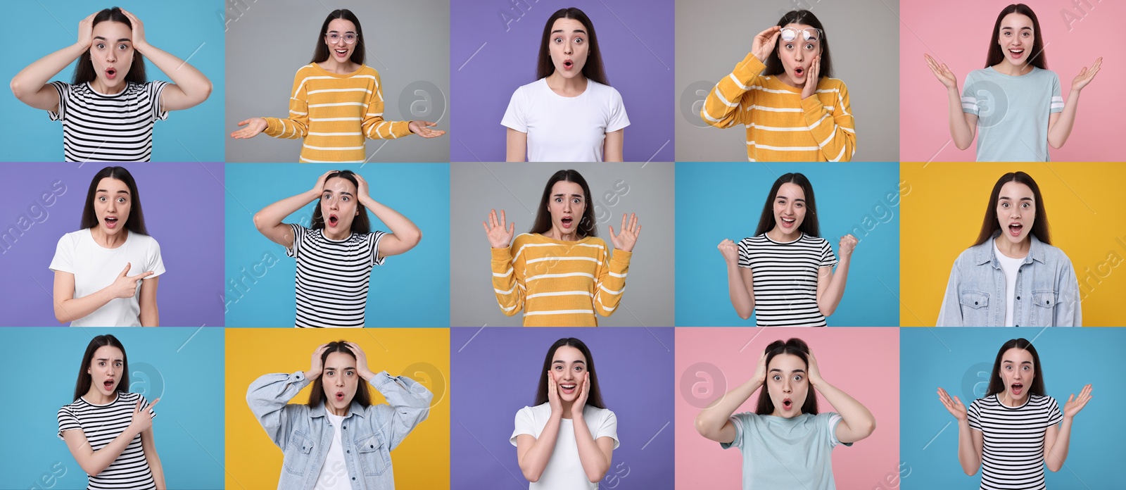 Image of Collage with photos of surprised woman on different color backgrounds