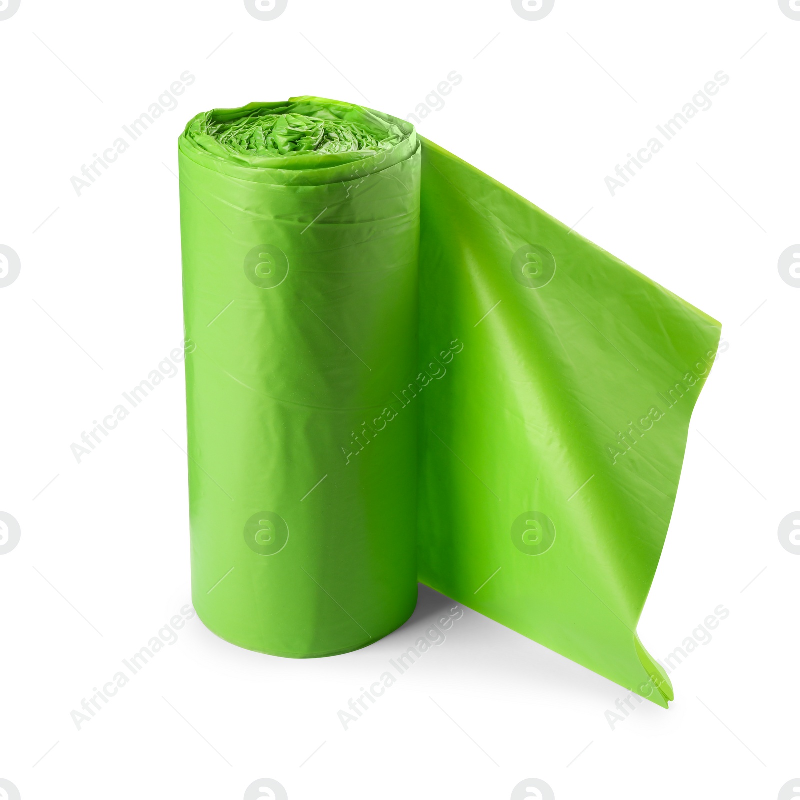 Photo of Roll of green garbage bags isolated on white