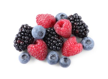 Photo of Many different ripe berries isolated on white, top view