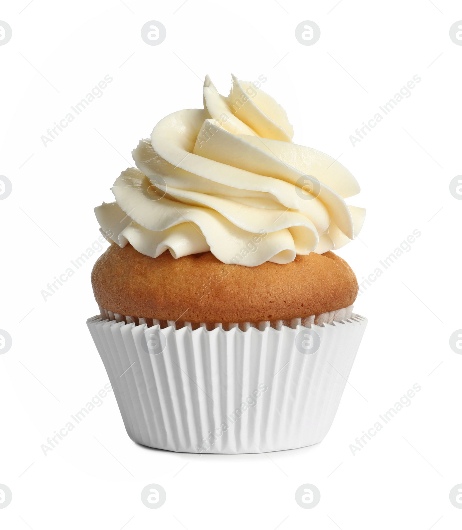 Photo of Delicious birthday cupcake on white background