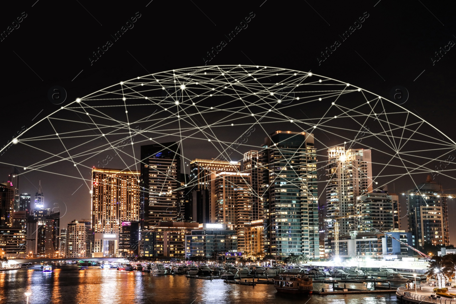 Image of Night cityscape and network connection lines. Cloud technology