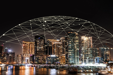 Image of Night cityscape and network connection lines. Cloud technology