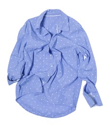 Photo of Crumpled light blue polka dot blouse on white background, top view