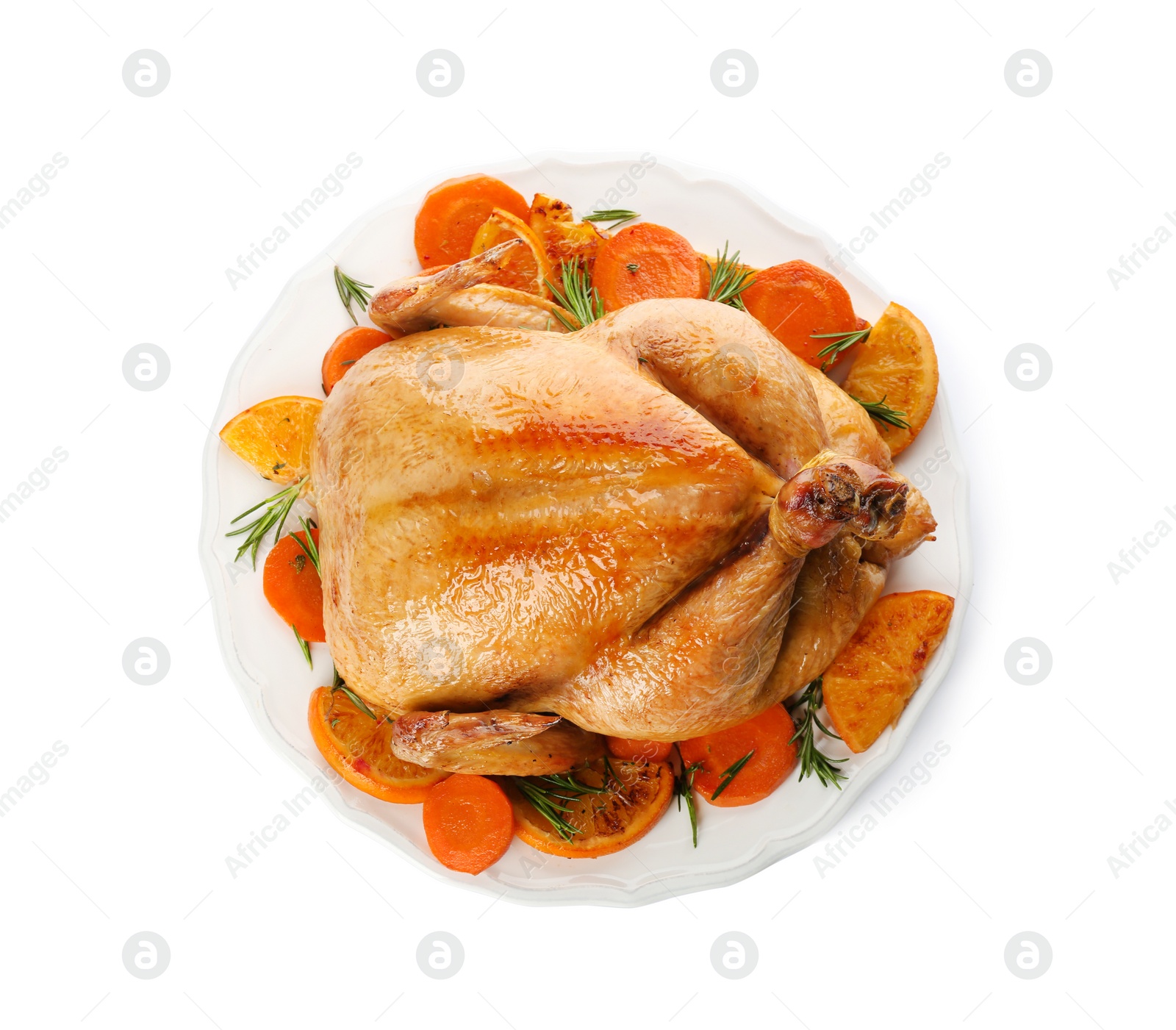 Photo of Roasted chicken with oranges and carrot isolated on white, top view