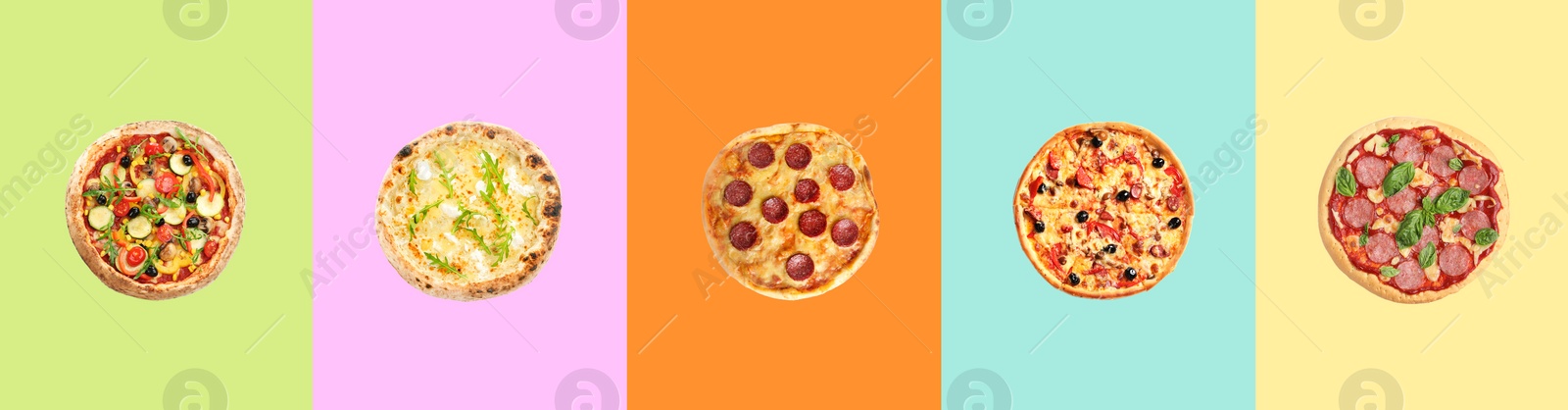 Image of Set of delicious pizzas on different color backgrounds, top view. Banner design