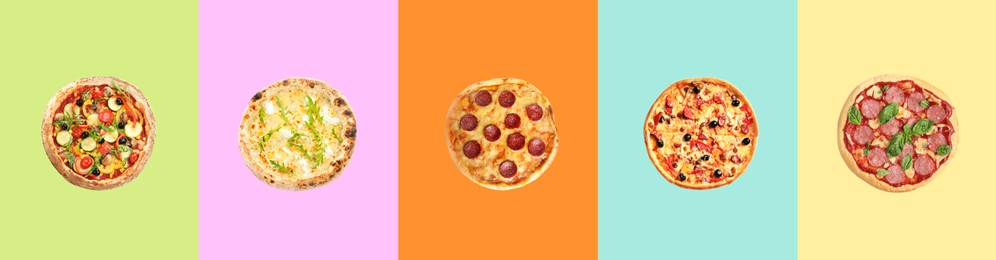 Set of delicious pizzas on different color backgrounds, top view. Banner design