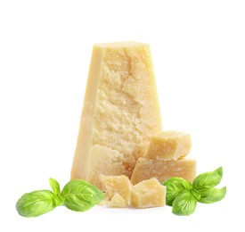 Image of Delicious parmesan cheese and basil on white background