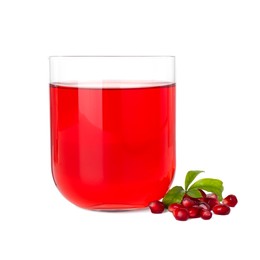 Photo of Refreshing pomegranate juice in glass, leaves and seeds isolated on white