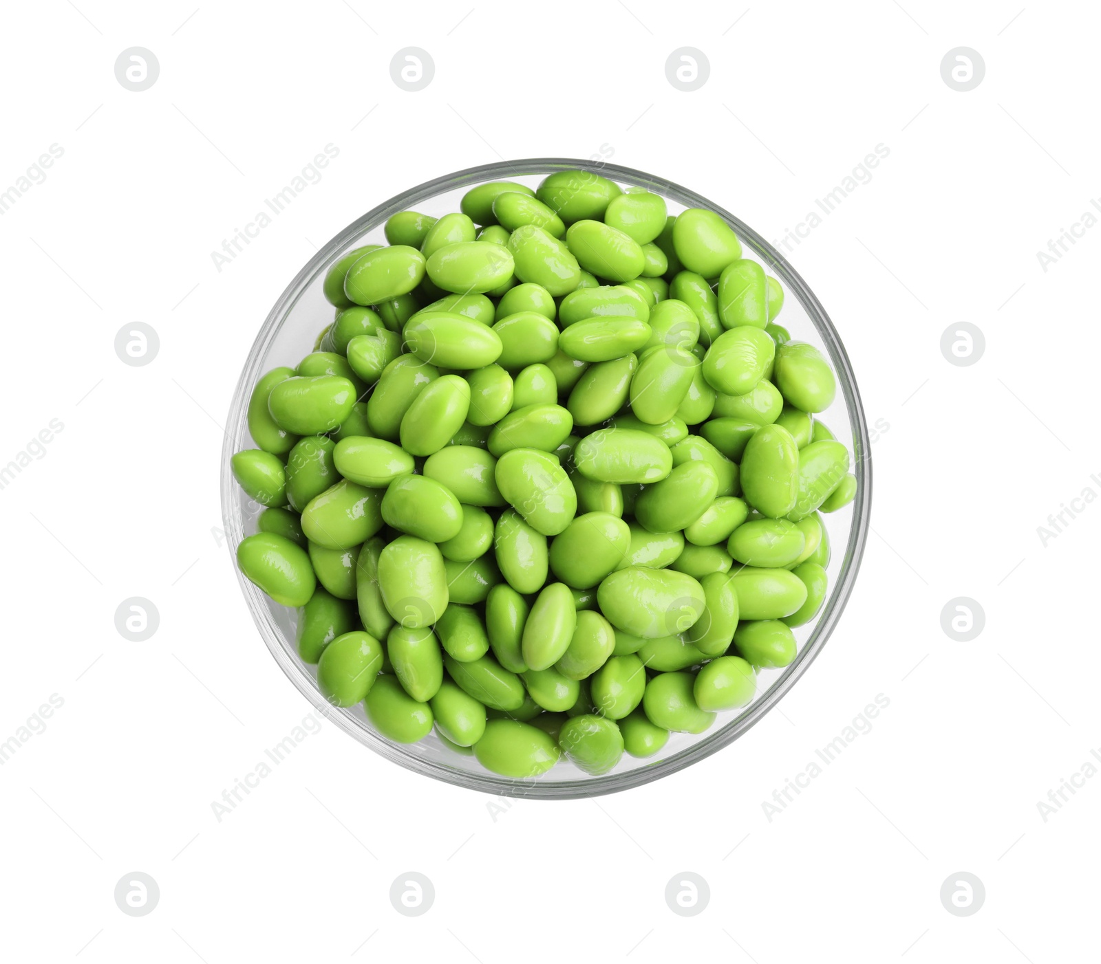 Photo of Bowl with fresh edamame soybeans on white background, top view