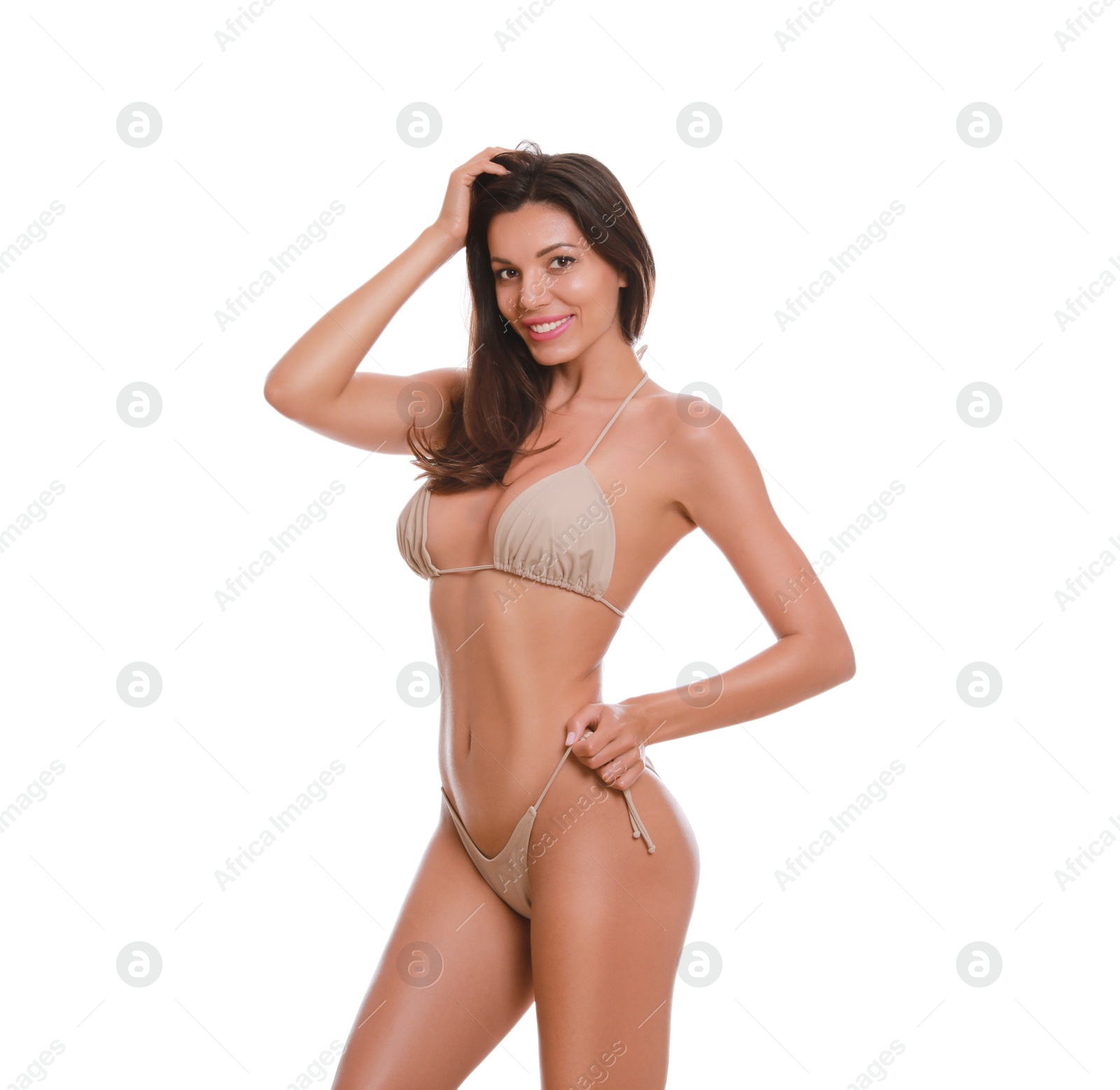 Photo of Beautiful woman in stylish bikini on white background