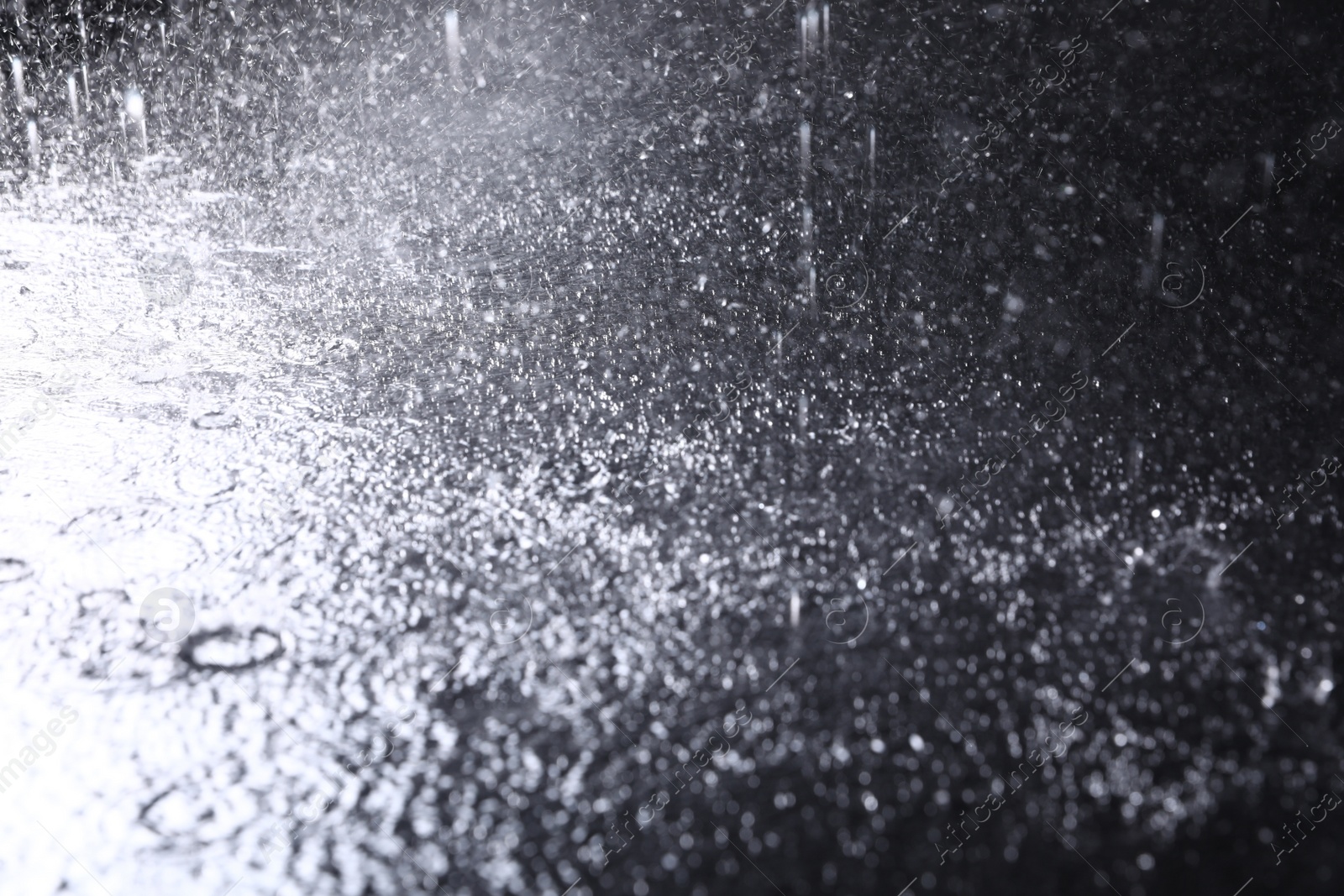 Photo of Rain drops falling down against dark background