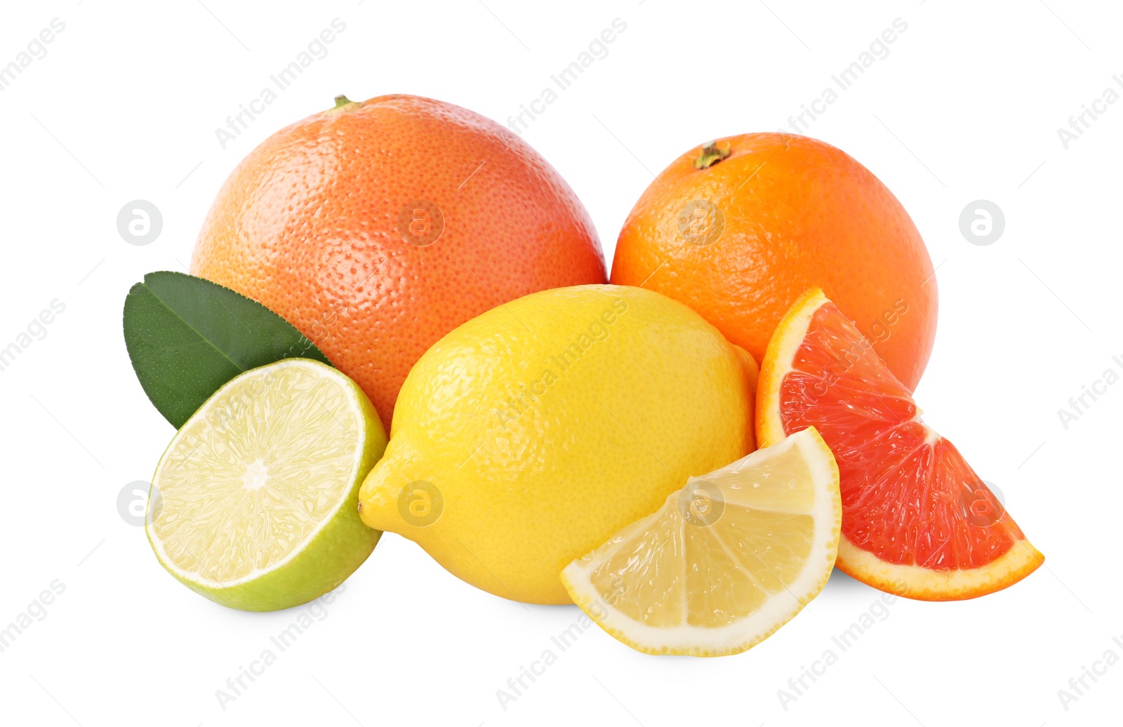 Photo of Fresh ripe citrus fruits and green leaf isolated on white